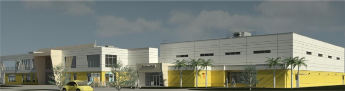 Rendered image of a yellow and white building